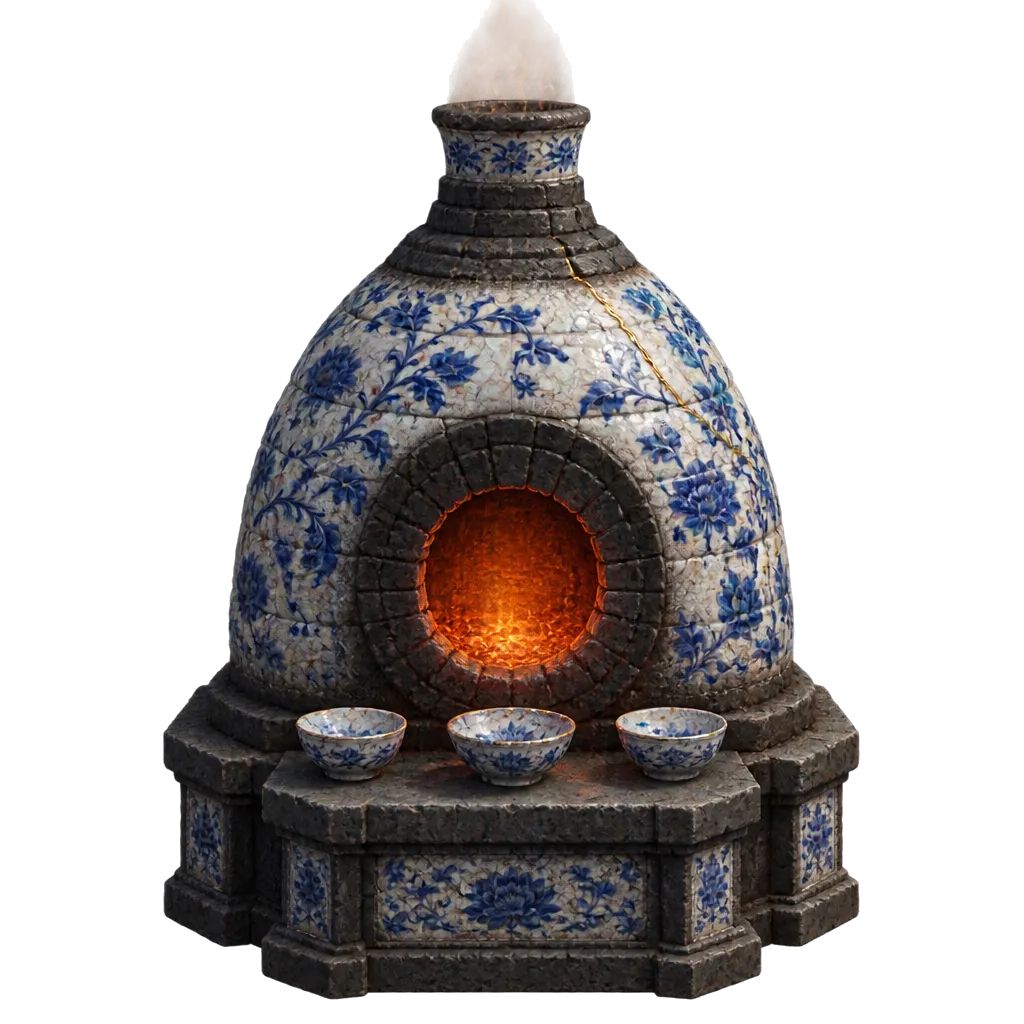 Kiln Shrine, tungku kecil berbentuk sarang lebah berlapis ubin kobalt dengan mulut membara dan tiga mangkuk persembahan
